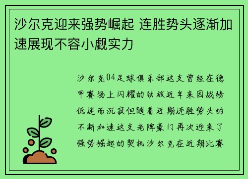 沙尔克迎来强势崛起 连胜势头逐渐加速展现不容小觑实力