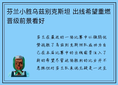 芬兰小胜乌兹别克斯坦 出线希望重燃晋级前景看好