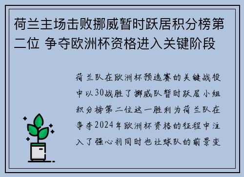 荷兰主场击败挪威暂时跃居积分榜第二位 争夺欧洲杯资格进入关键阶段