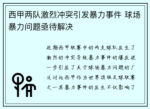 西甲两队激烈冲突引发暴力事件 球场暴力问题亟待解决