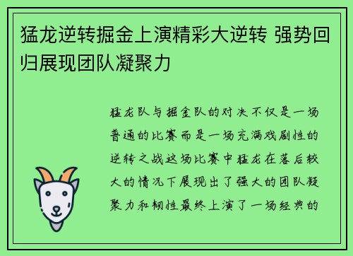 猛龙逆转掘金上演精彩大逆转 强势回归展现团队凝聚力
