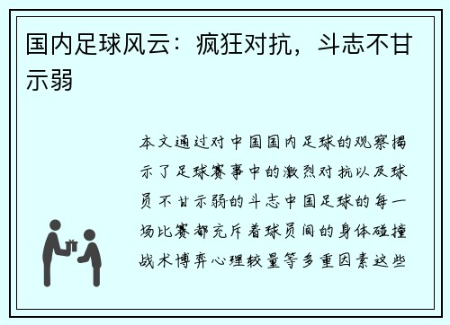 国内足球风云：疯狂对抗，斗志不甘示弱