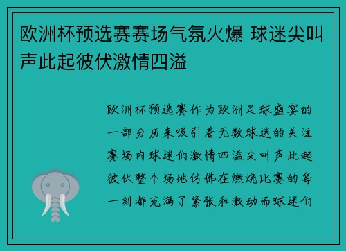 欧洲杯预选赛赛场气氛火爆 球迷尖叫声此起彼伏激情四溢