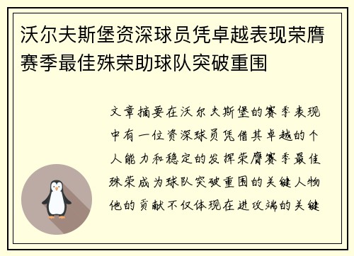 沃尔夫斯堡资深球员凭卓越表现荣膺赛季最佳殊荣助球队突破重围