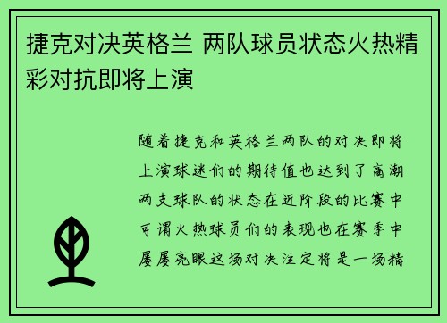 捷克对决英格兰 两队球员状态火热精彩对抗即将上演