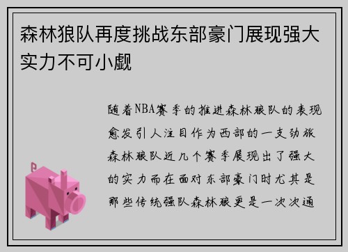 森林狼队再度挑战东部豪门展现强大实力不可小觑